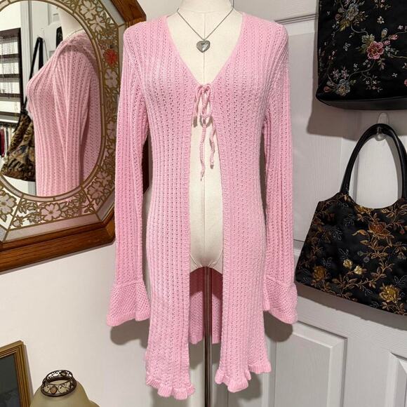 VTG Y2K Its Our Time Light Pink Open Knit Crochet Tie Front Duster Cardigan S - Picture 3 of 8